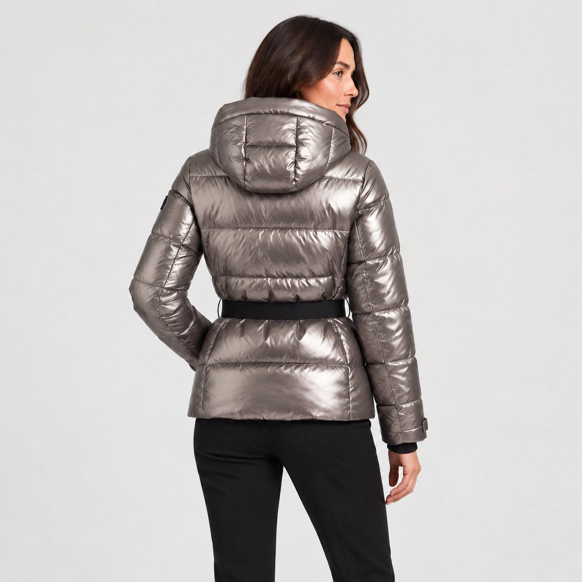 Women's Belted Hooded Puffer Jacket in Metallic Silver | Ickworth – back view