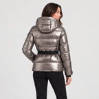 Women's Belted Hooded Puffer Jacket in Metallic Silver | Ickworth – back view
