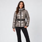 Women's Belted Hooded Puffer Jacket in Metallic Silver | Ickworth – front view