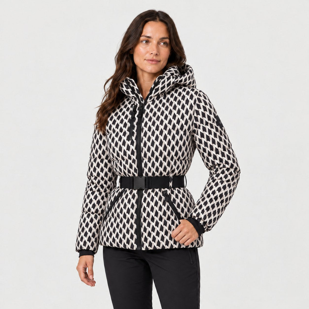Women's Belted Hooded Puffer Jacket in Black & White Print | Ickworth – side view
