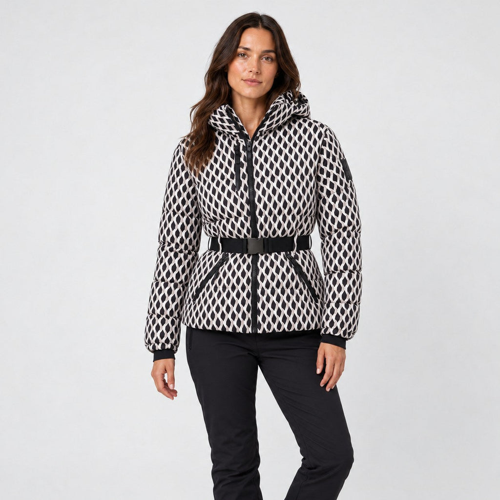 Women's Belted Hooded Puffer Jacket in Black & White Print | Ickworth – front view