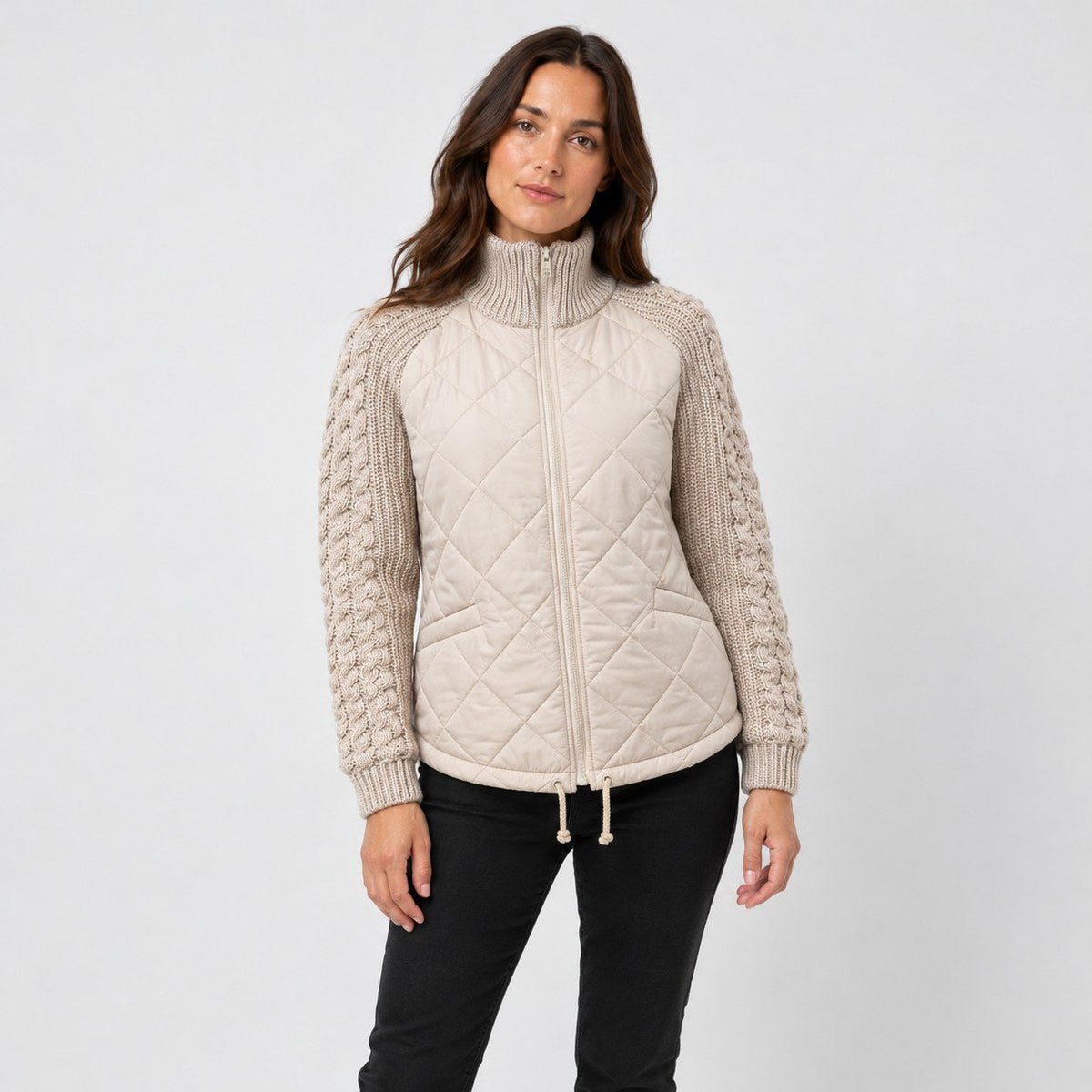 Women's quilted jacket with cable knit sleeves in Beige | Luxulyan – front view