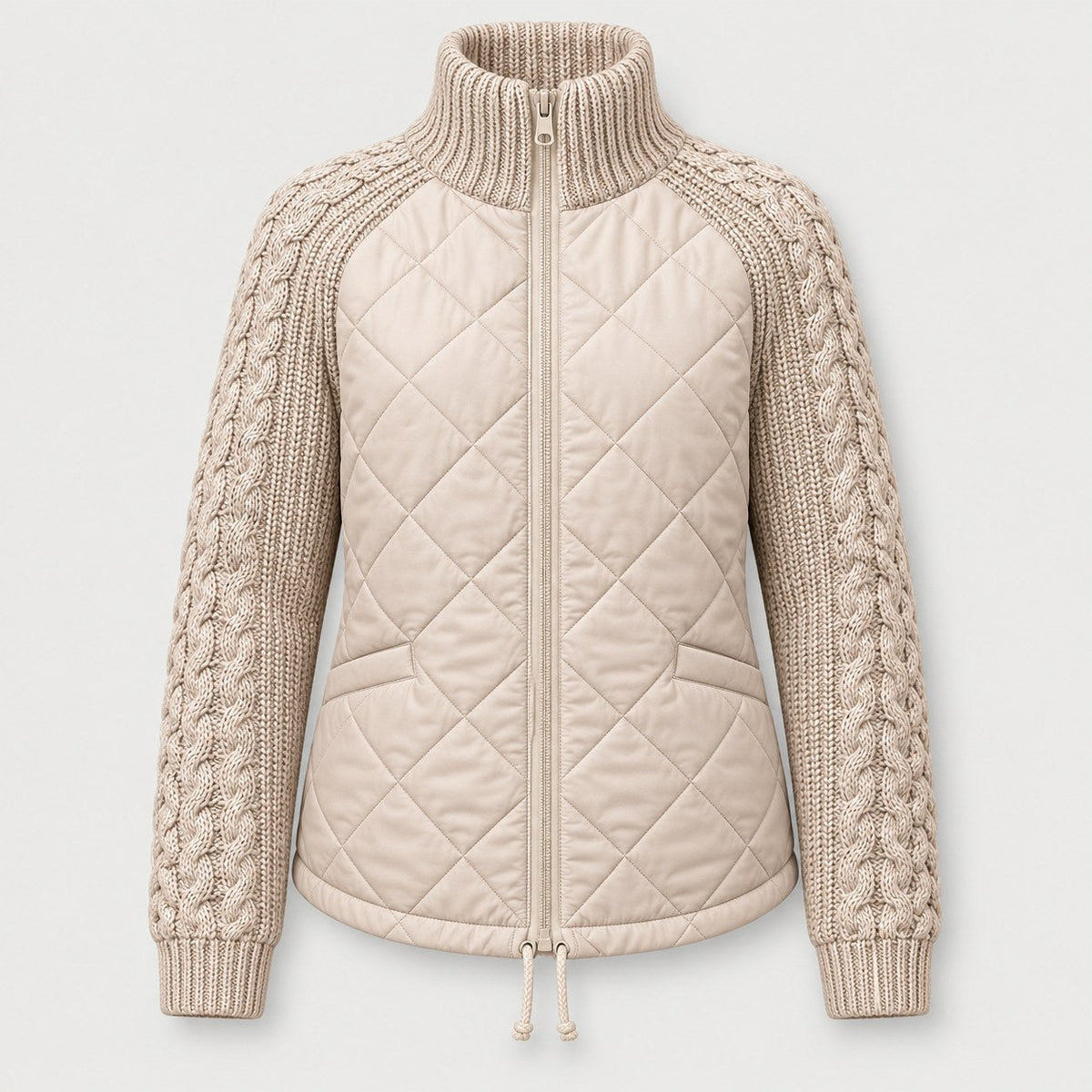Women's quilted jacket with cable knit sleeves in Beige | Luxulyan – front view