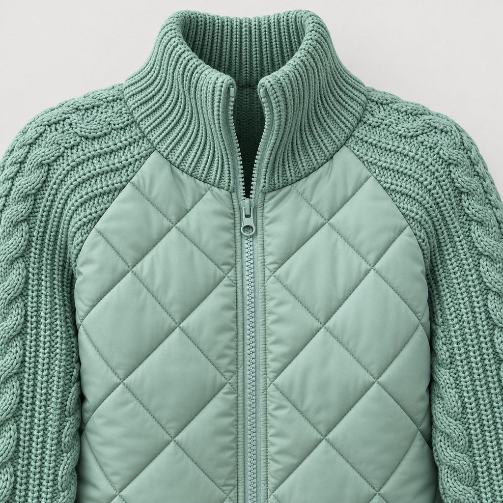 Women's quilted jacket with cable knit sleeves in Mint Green | Luxulyan – detail view