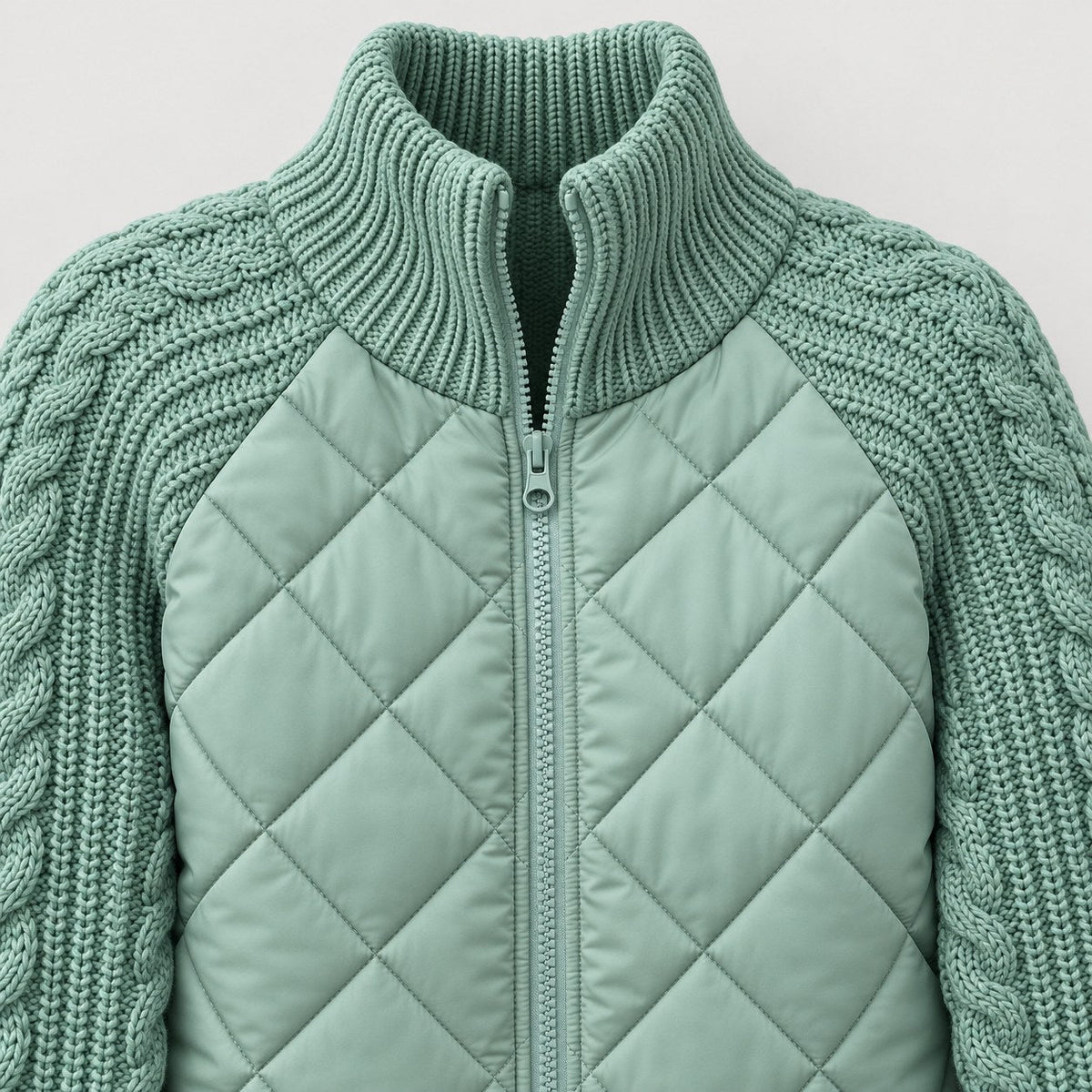 Women's quilted jacket with cable knit sleeves in Mint Green | Luxulyan – detail view