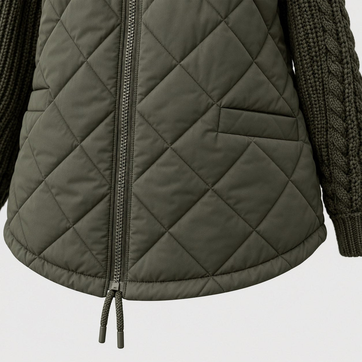 Women's quilted jacket with cable knit sleeves in Olive Green | Luxulyan – detail view