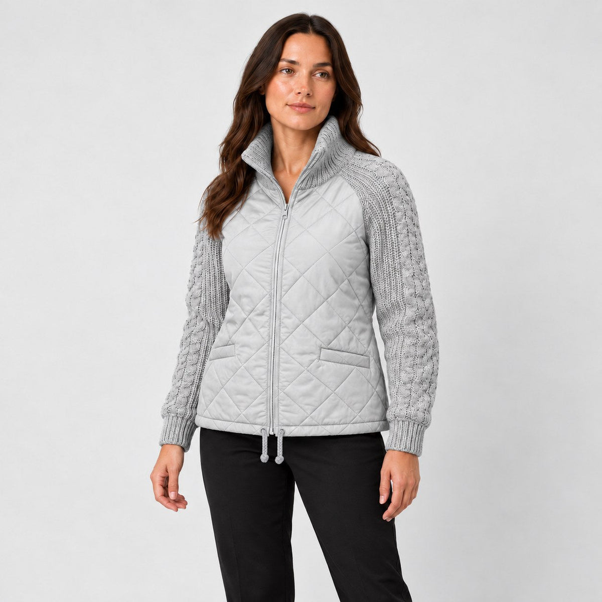 Women's quilted jacket with cable knit sleeves in Grey | Luxulyan – side view