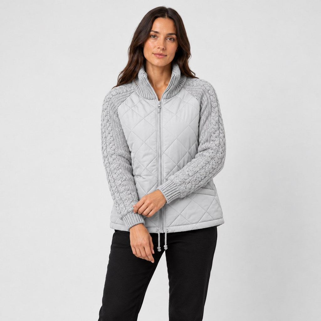 Women's quilted jacket with cable knit sleeves in Grey | Luxulyan – front view