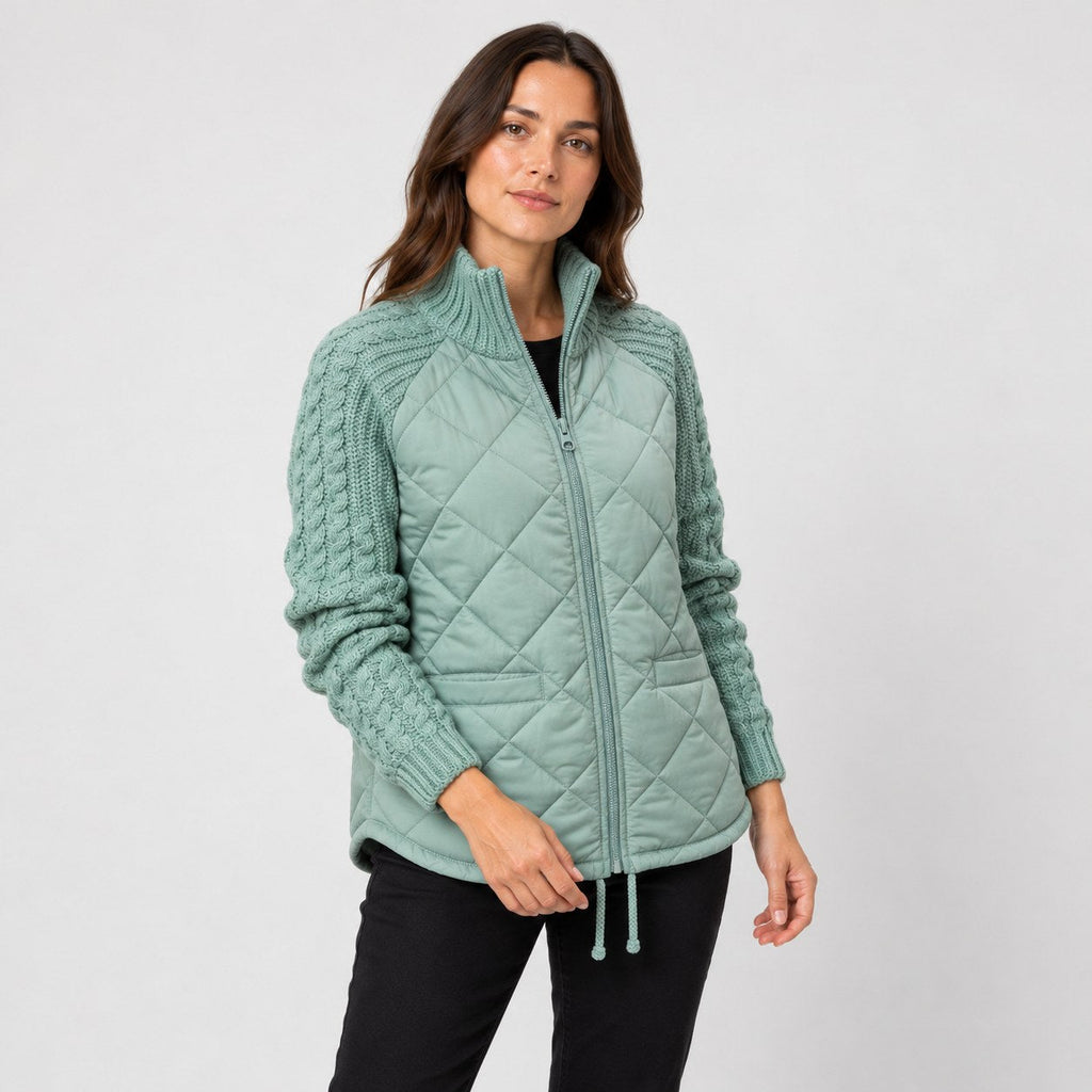 Women's quilted jacket with cable knit sleeves in Mint Green | Luxulyan – side view