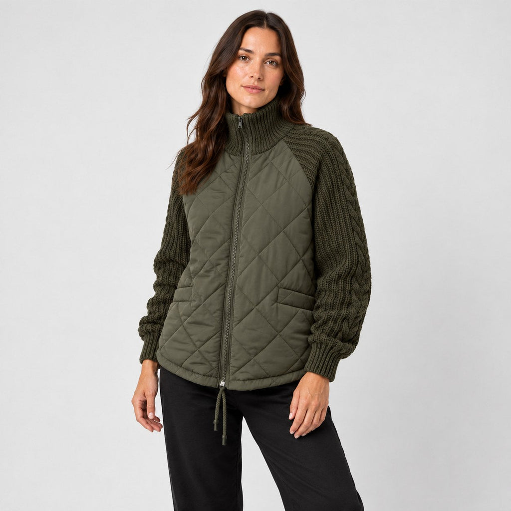 Women's quilted jacket with cable knit sleeves in Olive Green | Luxulyan – side view