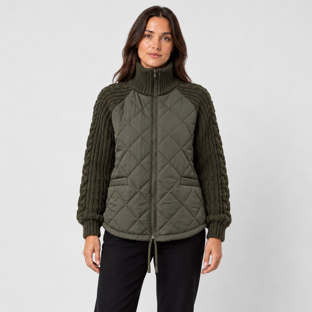 Women's quilted jacket with cable knit sleeves in Olive Green | Luxulyan – front view