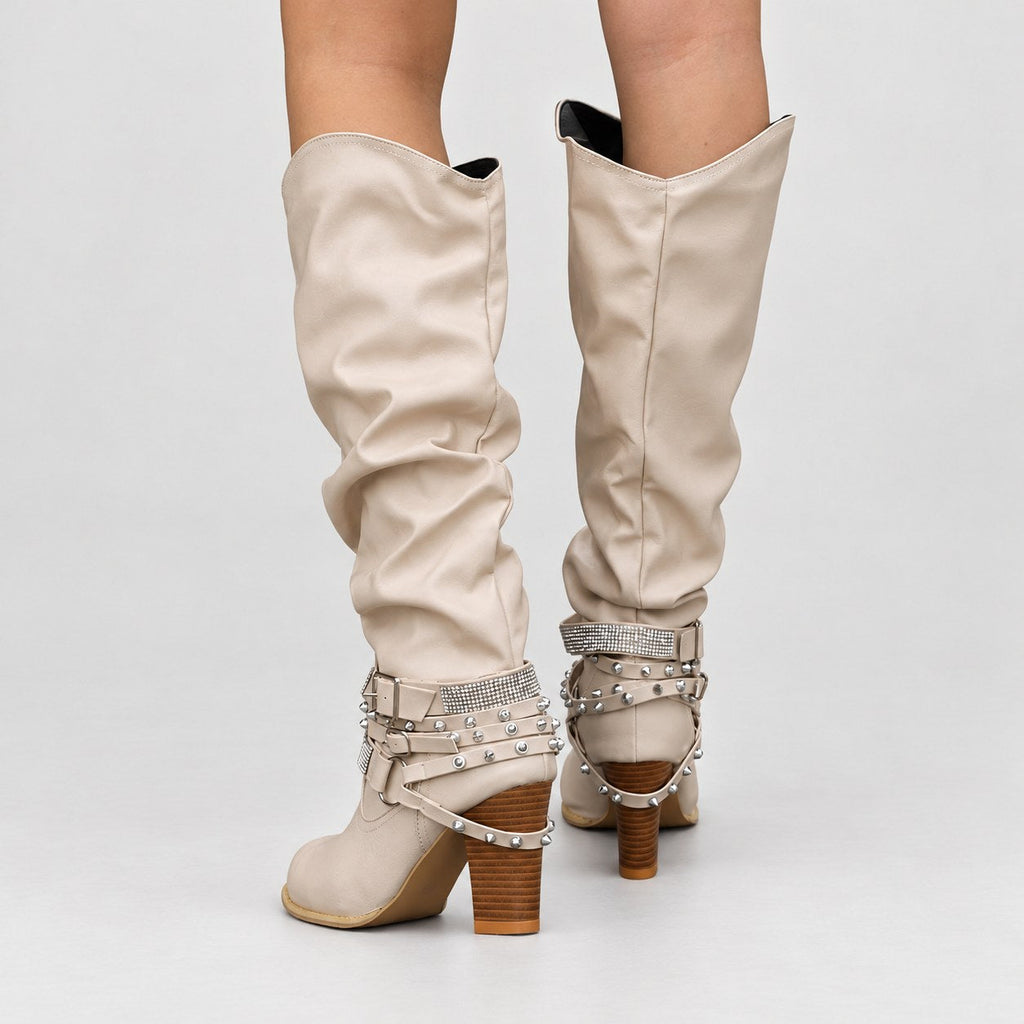 Women's Slouchy Knee-High Boots in Beige | Laxfield – back view