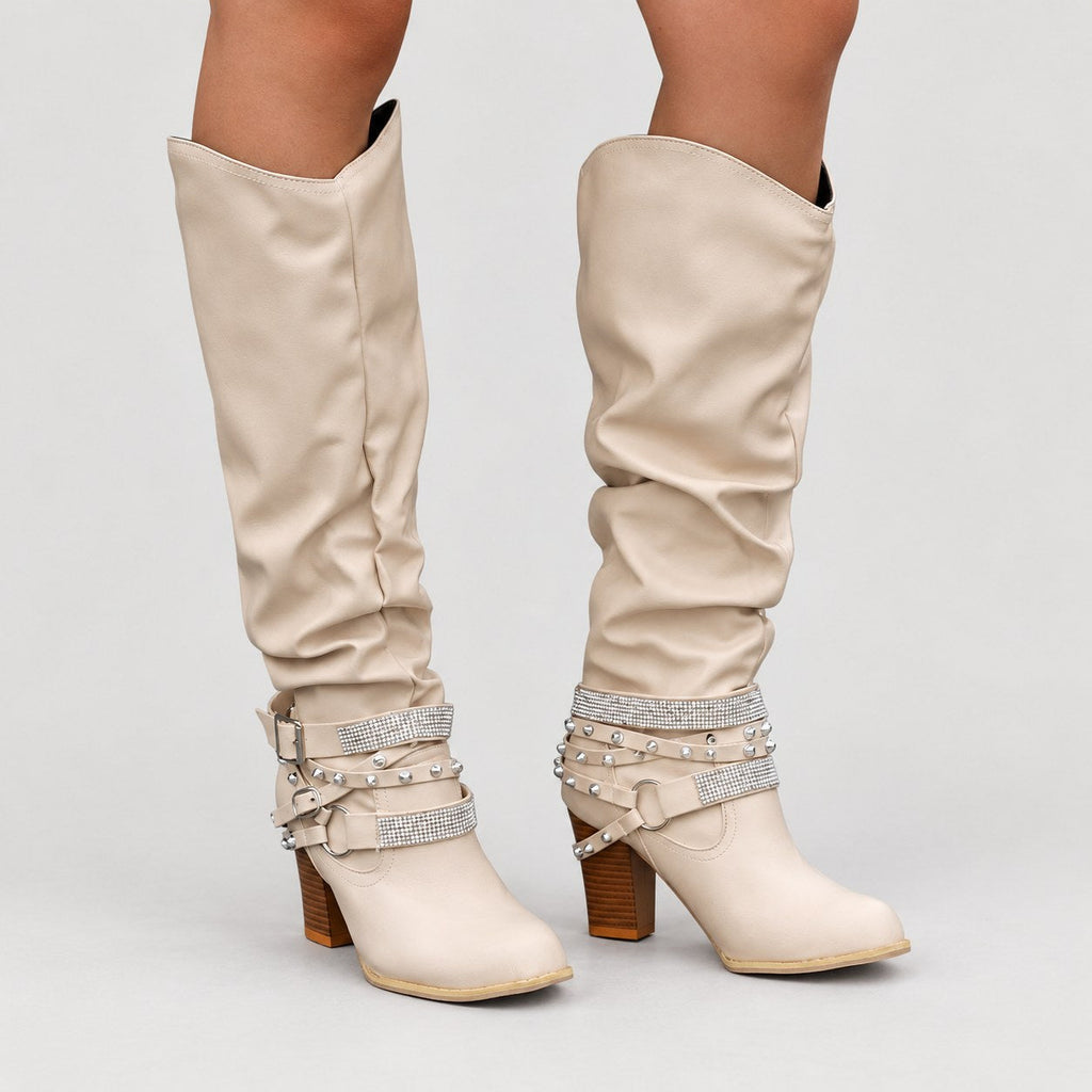 Women's Slouchy Knee-High Boots in Beige | Laxfield – front view