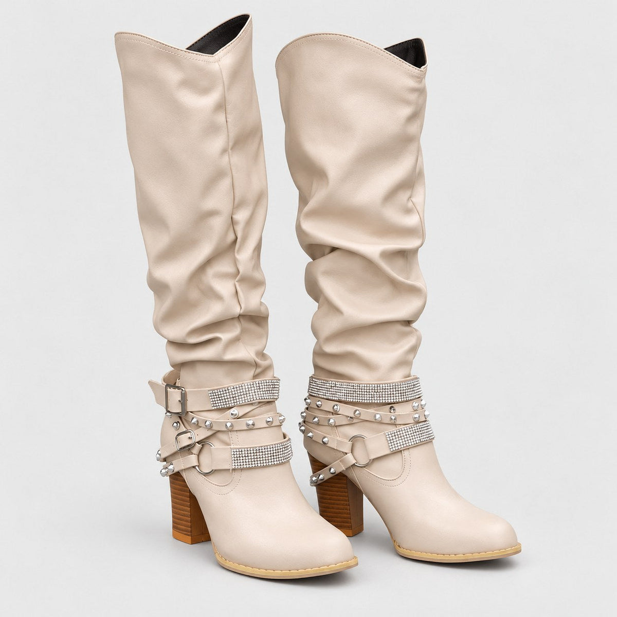 Women's Slouchy Knee-High Boots in Beige | Laxfield – front view