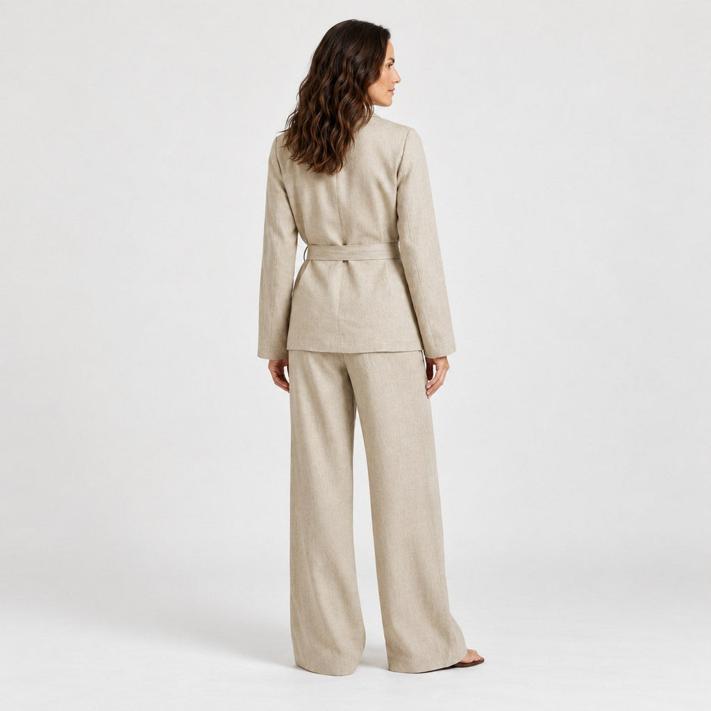 Women's wrap blazer and trouser set in Beige | Chelsworth – back view