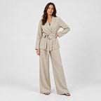 Women's wrap blazer and trouser set in Beige | Chelsworth – front view