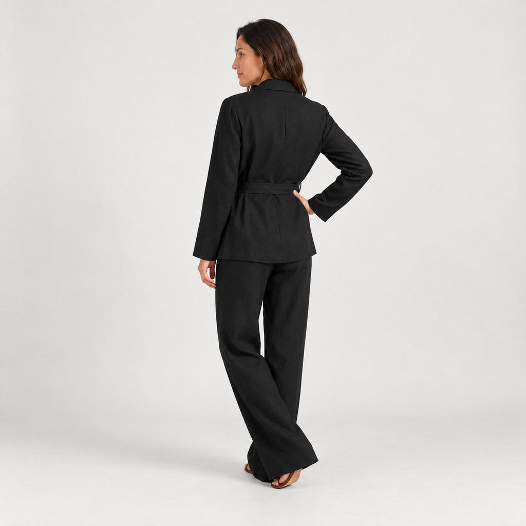 Women's wrap blazer and trouser set in Black | Chelsworth – back view