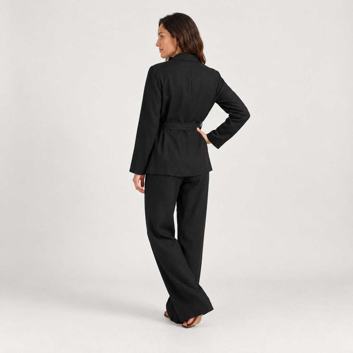 Women's wrap blazer and trouser set in Black | Chelsworth – back view