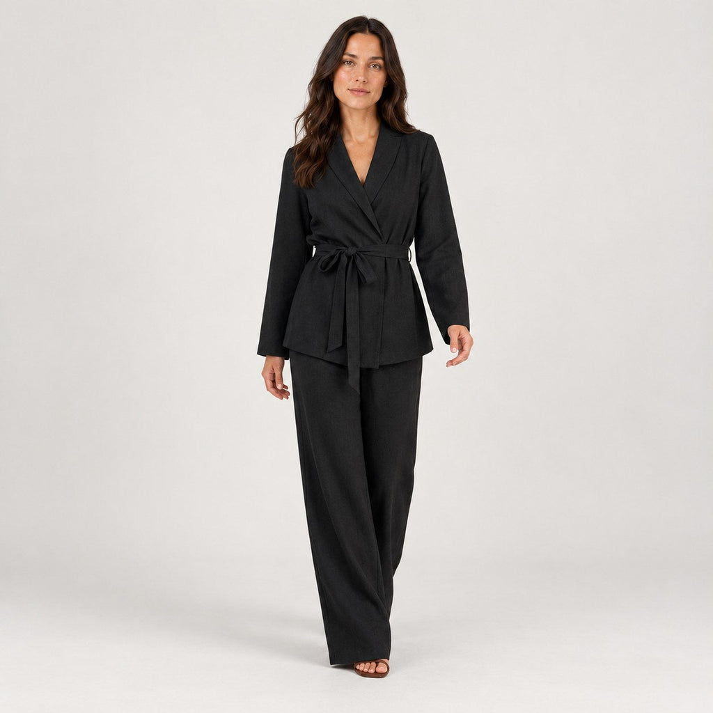 Women's wrap blazer and trouser set in Black | Chelsworth – front view