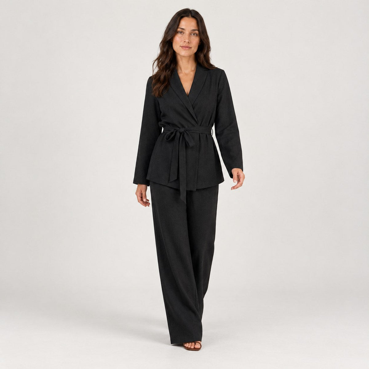 Women's wrap blazer and trouser set in Black | Chelsworth – front view