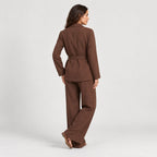 Women's wrap blazer and trouser set in Brown | Chelsworth – back view