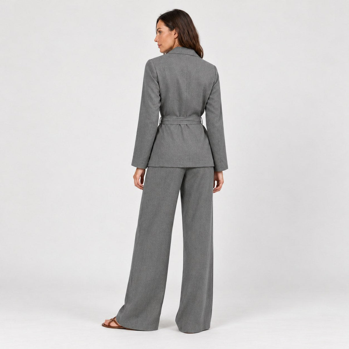 Women's wrap blazer and trouser set in Grey | Chelsworth – back view