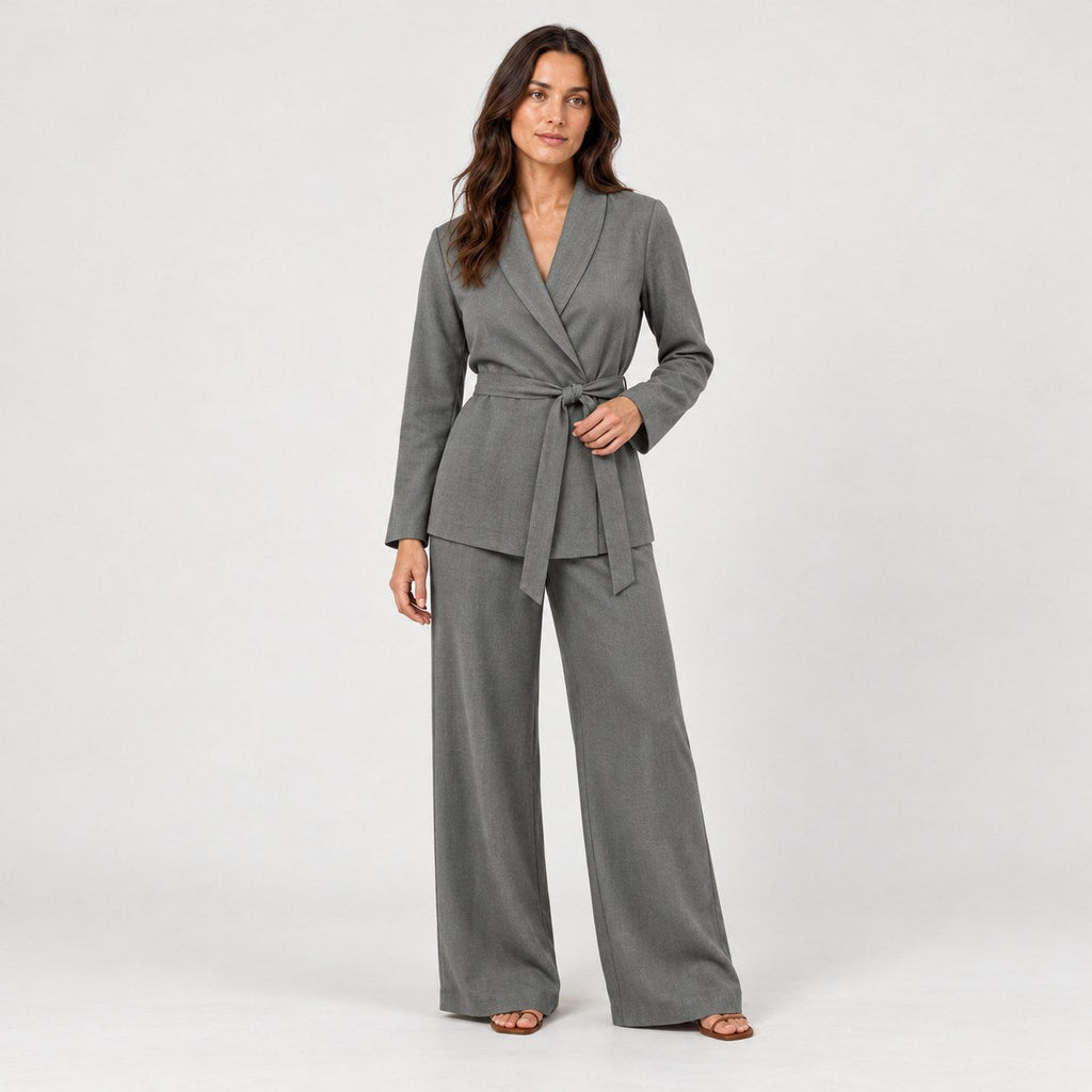 Women's wrap blazer and trouser set in Grey | Chelsworth – front view