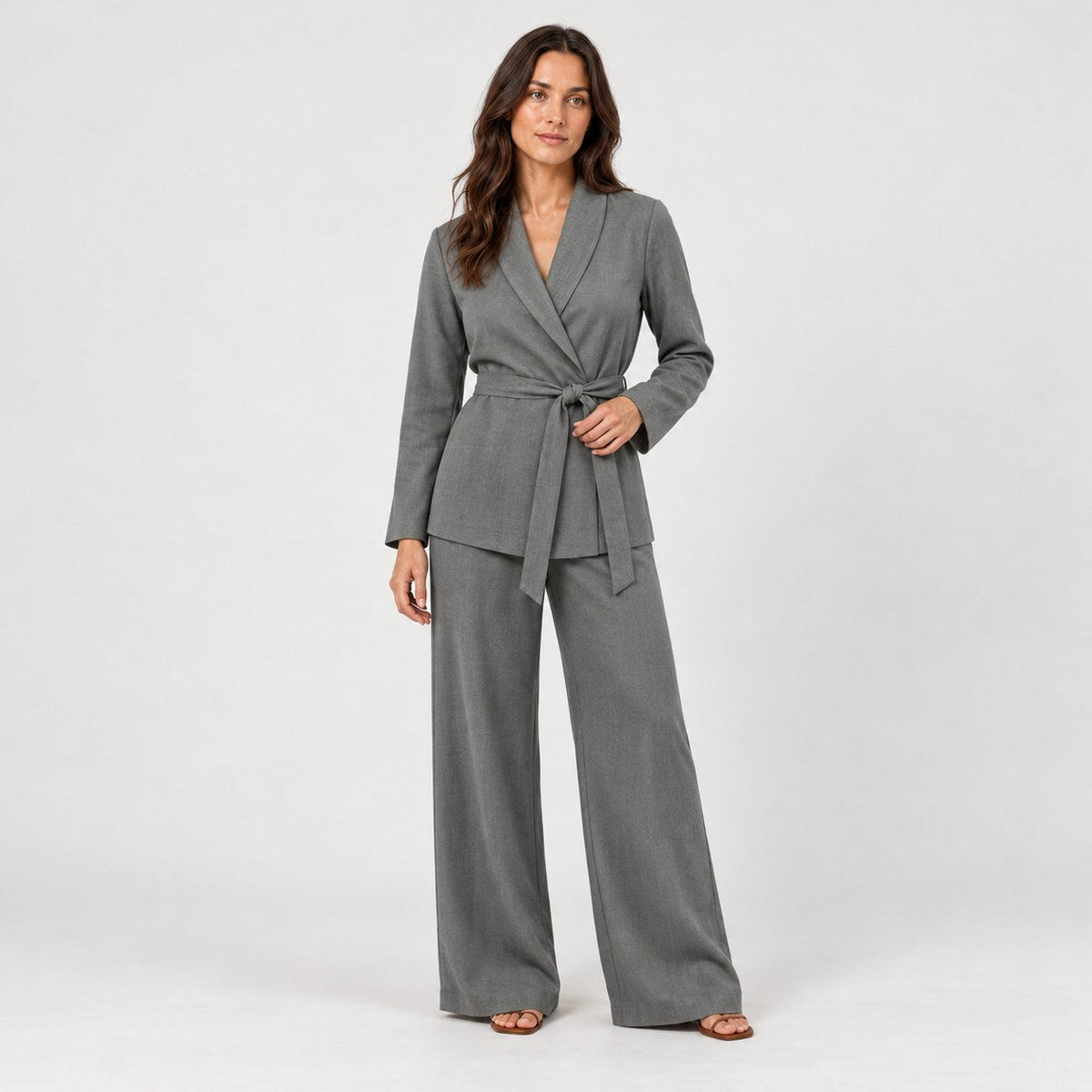 Women's wrap blazer and trouser set in Grey | Chelsworth – front view