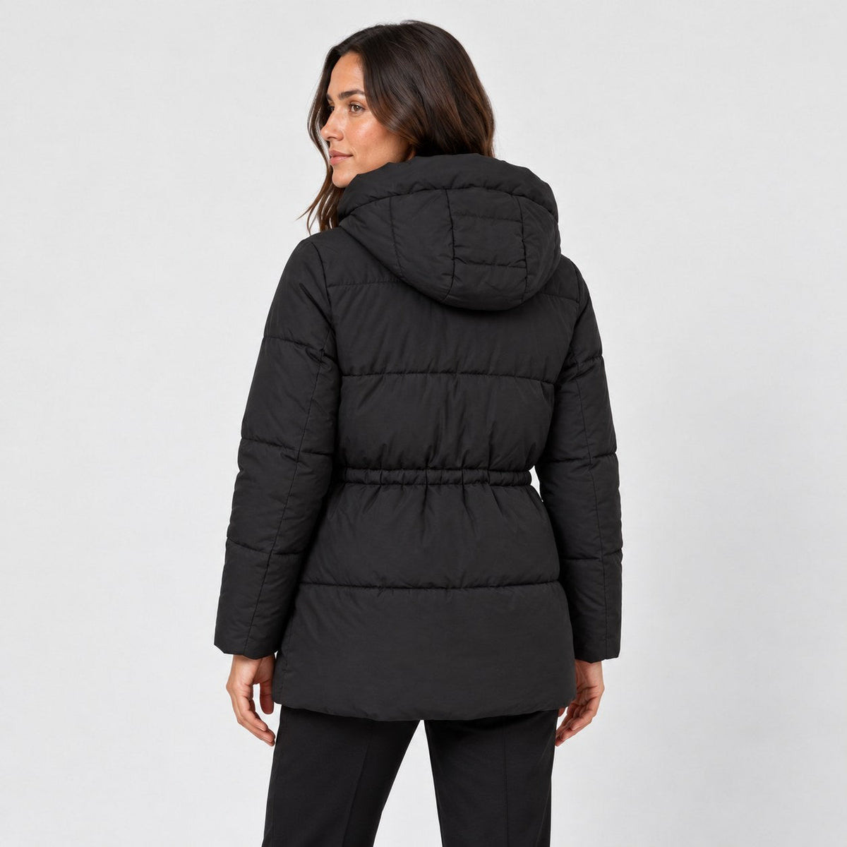 Women's hooded puffer parka in Black | Denford – back view