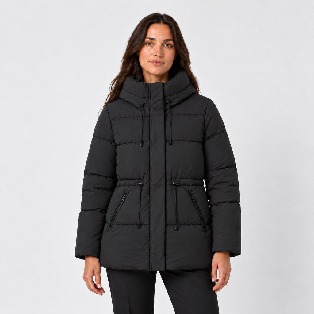 Women's hooded puffer parka in Black | Denford – front view