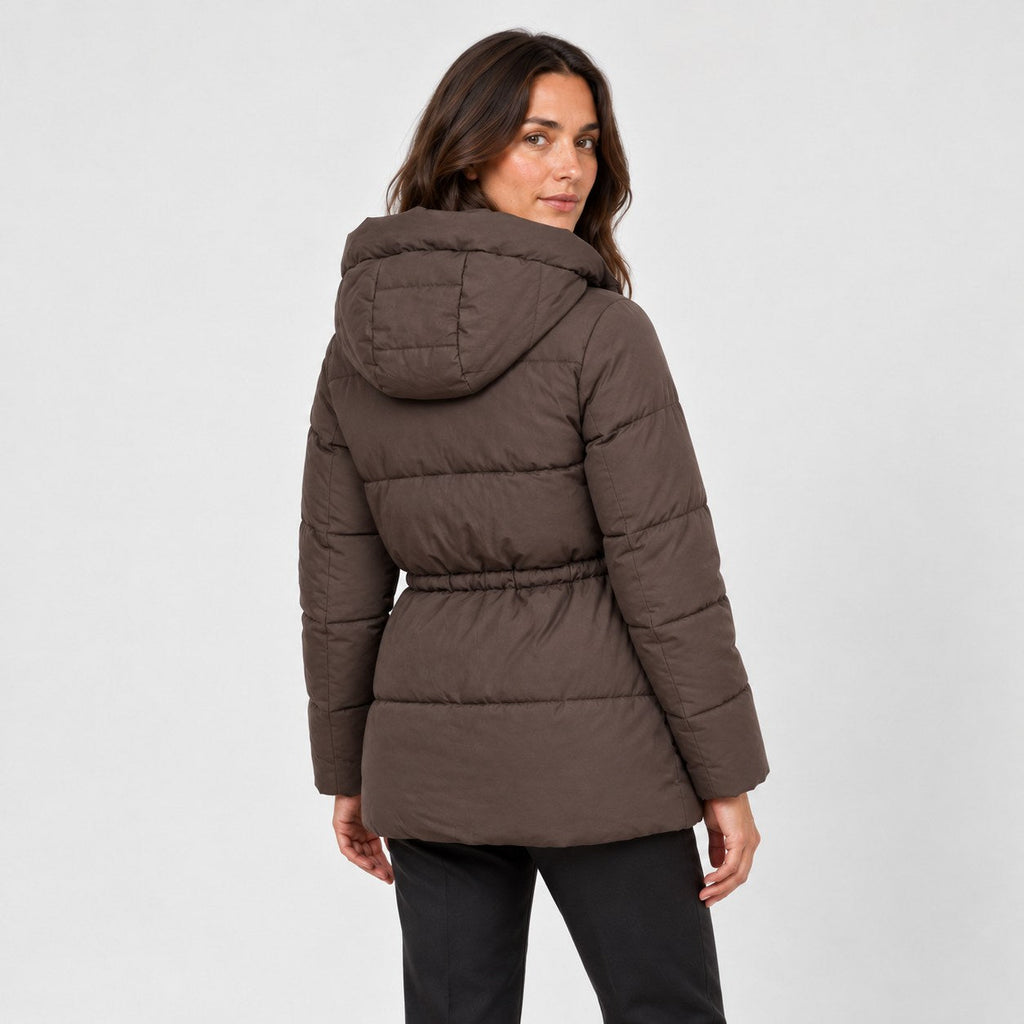 Women's hooded puffer parka in Dark Brown | Denford – back view
