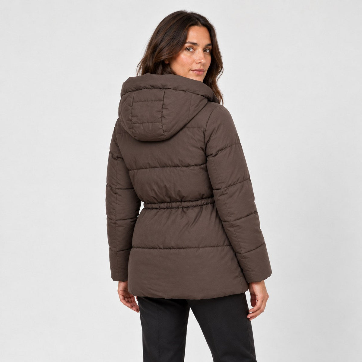 Women's hooded puffer parka in Dark Brown | Denford – back view