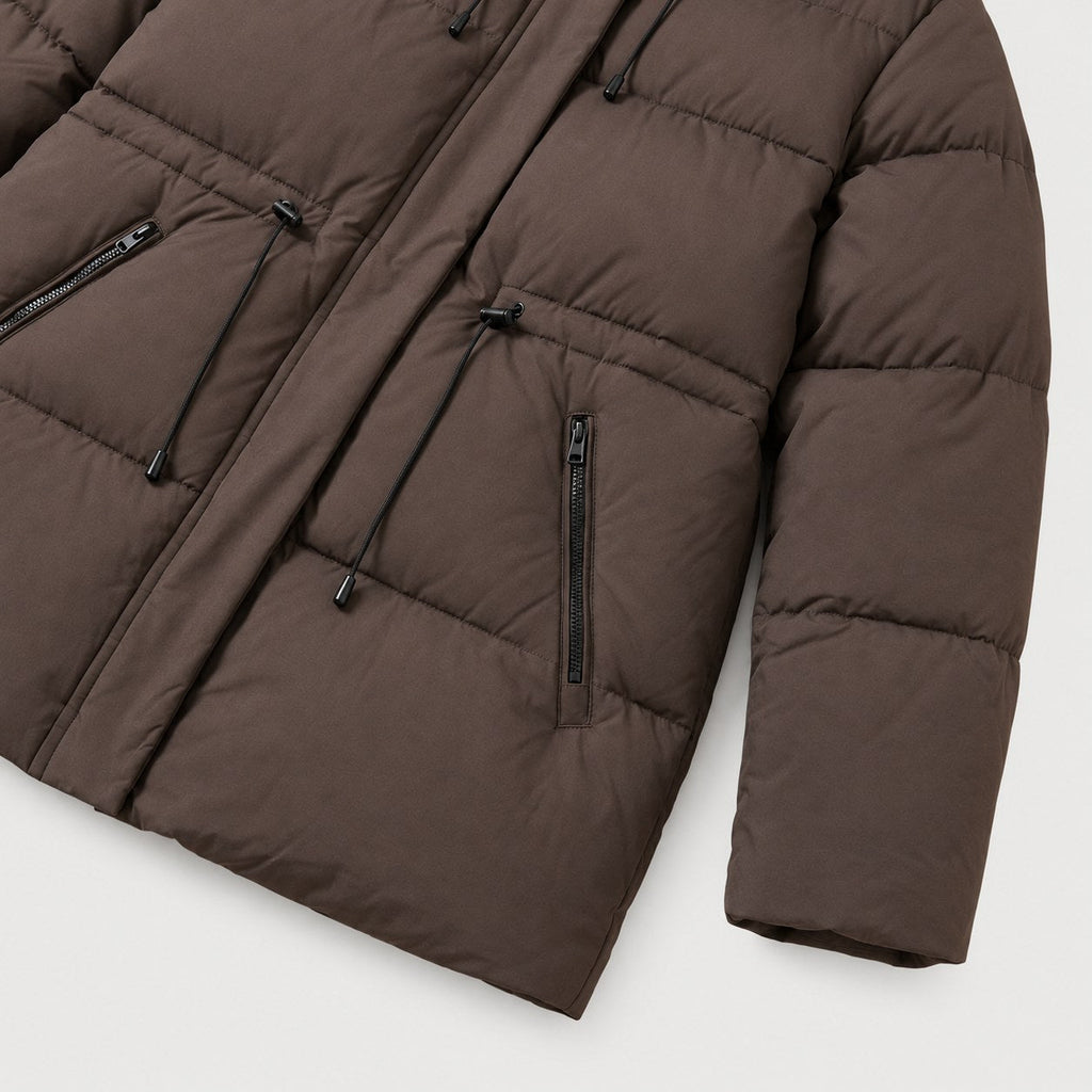 Women's hooded puffer parka in Dark Brown | Denford – detail view