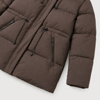 Women's hooded puffer parka in Dark Brown | Denford – detail view