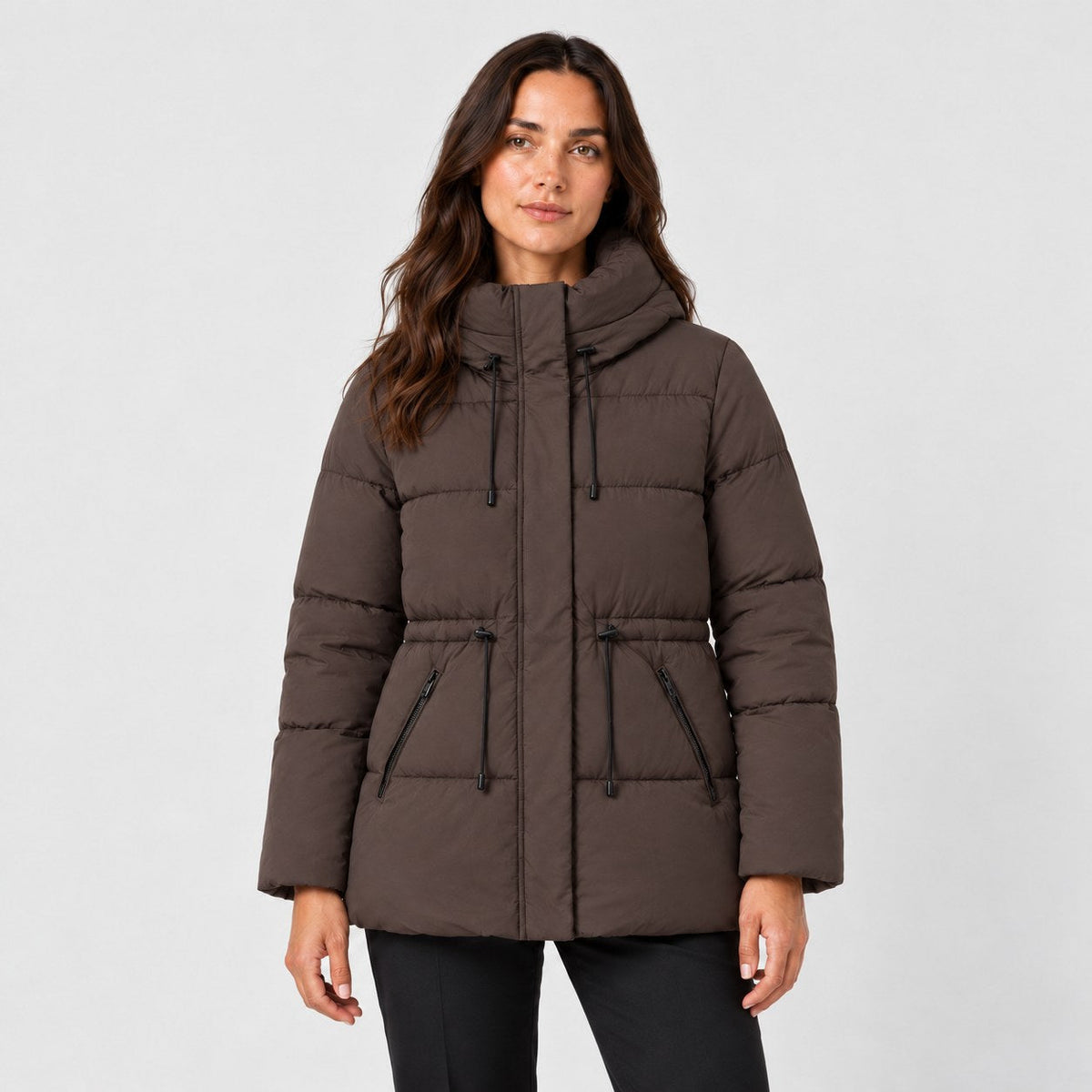 Women's hooded puffer parka in Dark Brown | Denford – front view