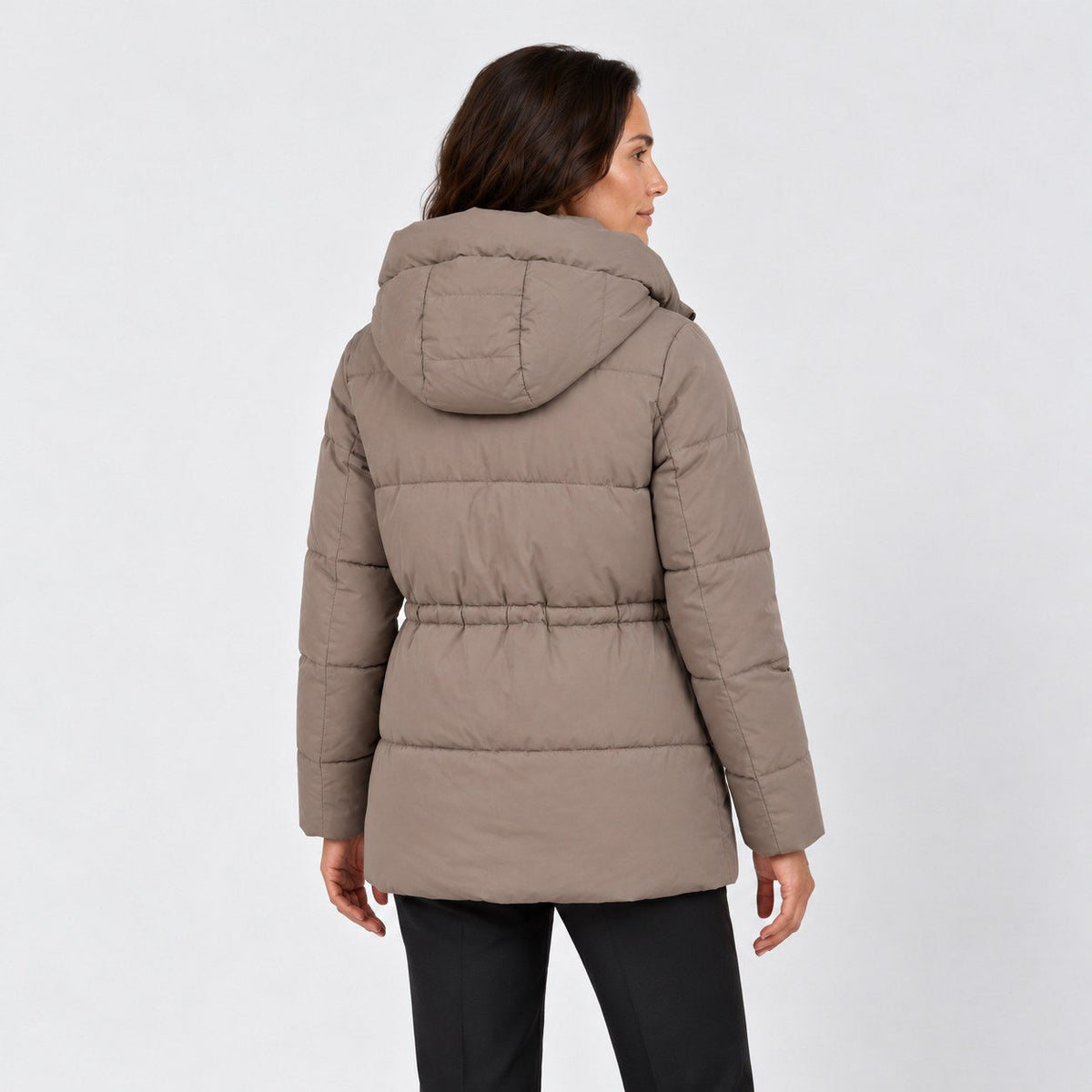 Women's hooded puffer parka in Taupe | Denford – back view