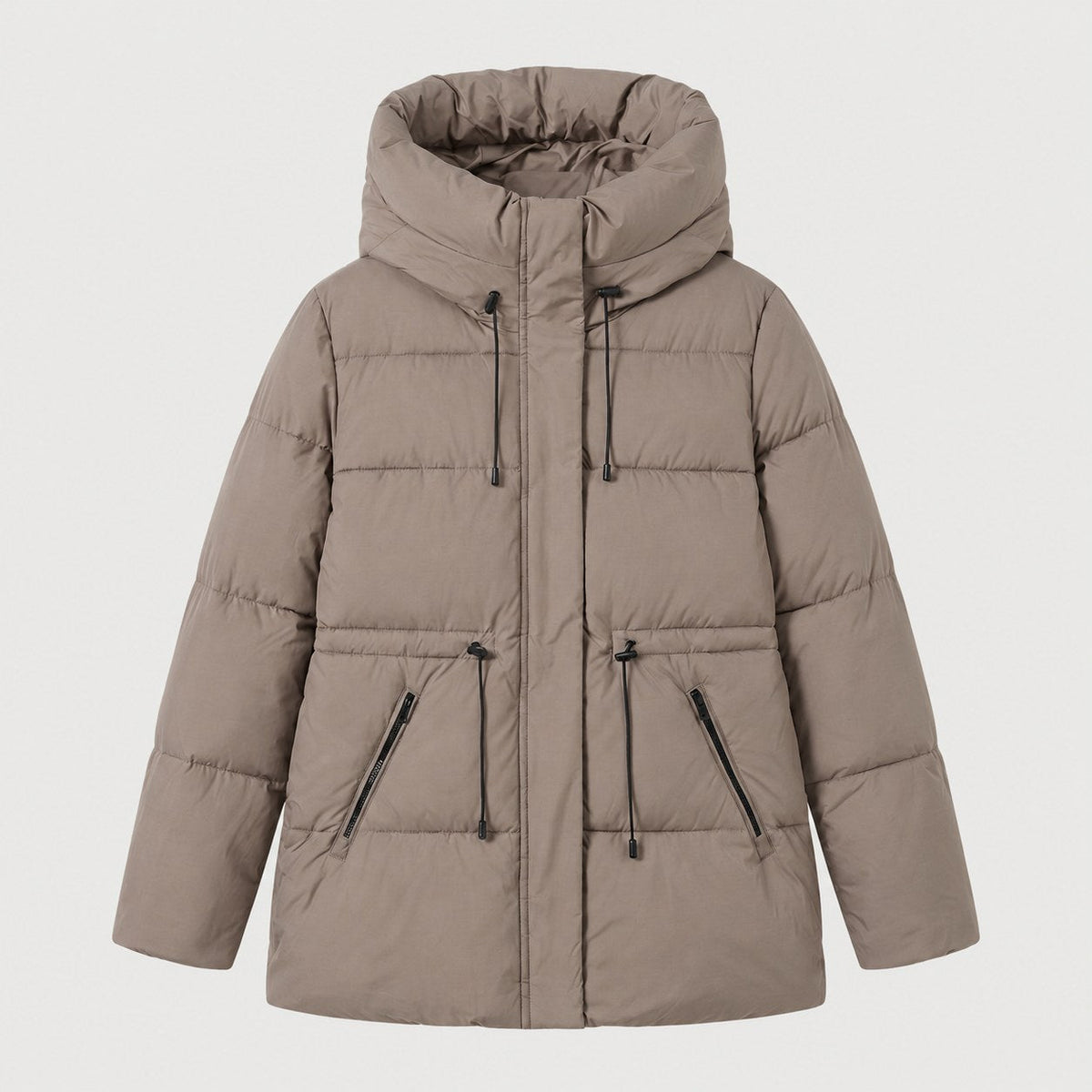Women's hooded puffer parka in Taupe | Denford – front view