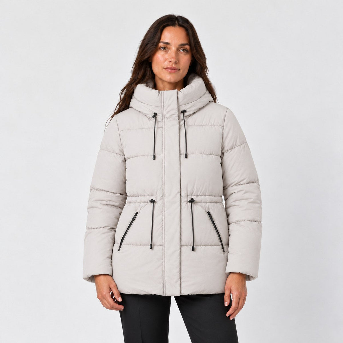 Women's hooded puffer parka in Off White | Denford – front view