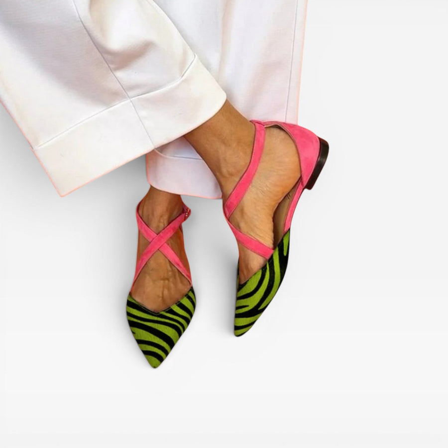Women's Zebra Print Ballet Flats with Ankle Straps — view 2