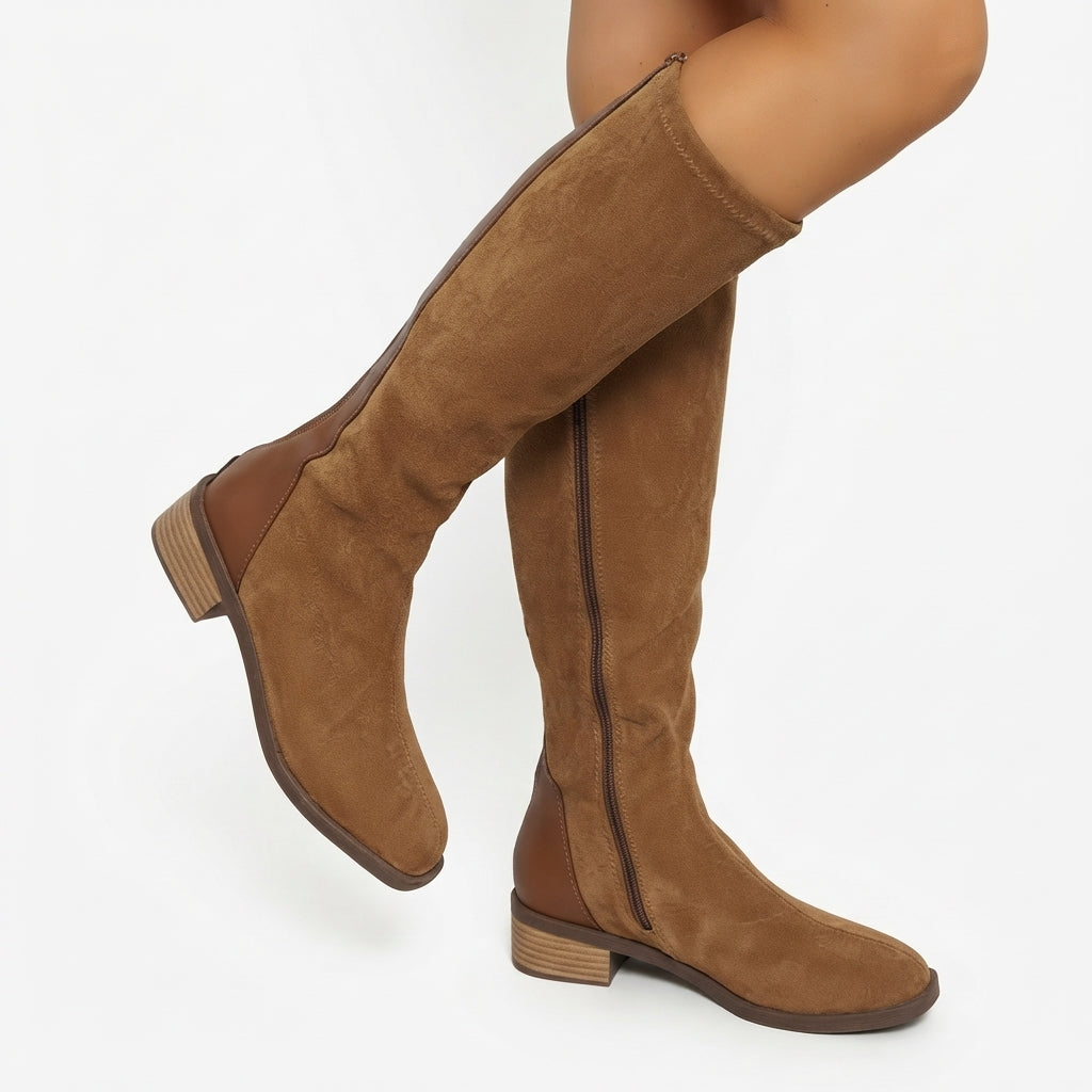 Bottes hautes jusqu'aux genoux pour femme, aspect daim, à talon bas carré marron