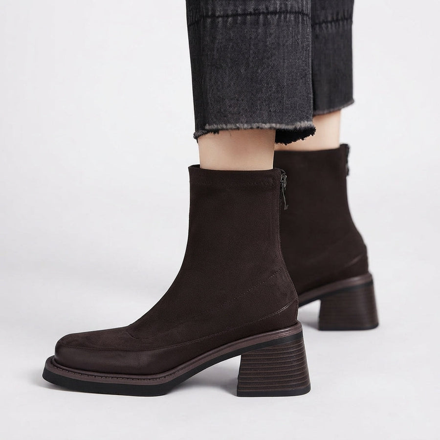 Women's Suede Square Toe Heeled Ankle Boots with Back Zip — view 2