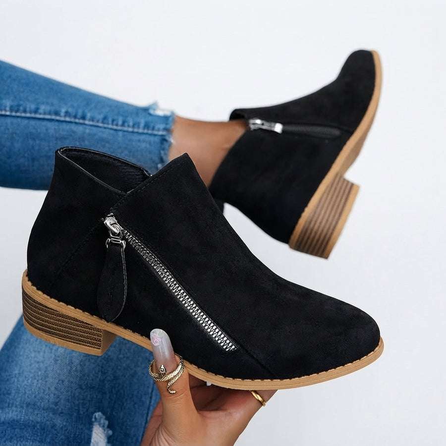 Women's Stacked Block Heel Ankle Boots with Side Zip — view 2