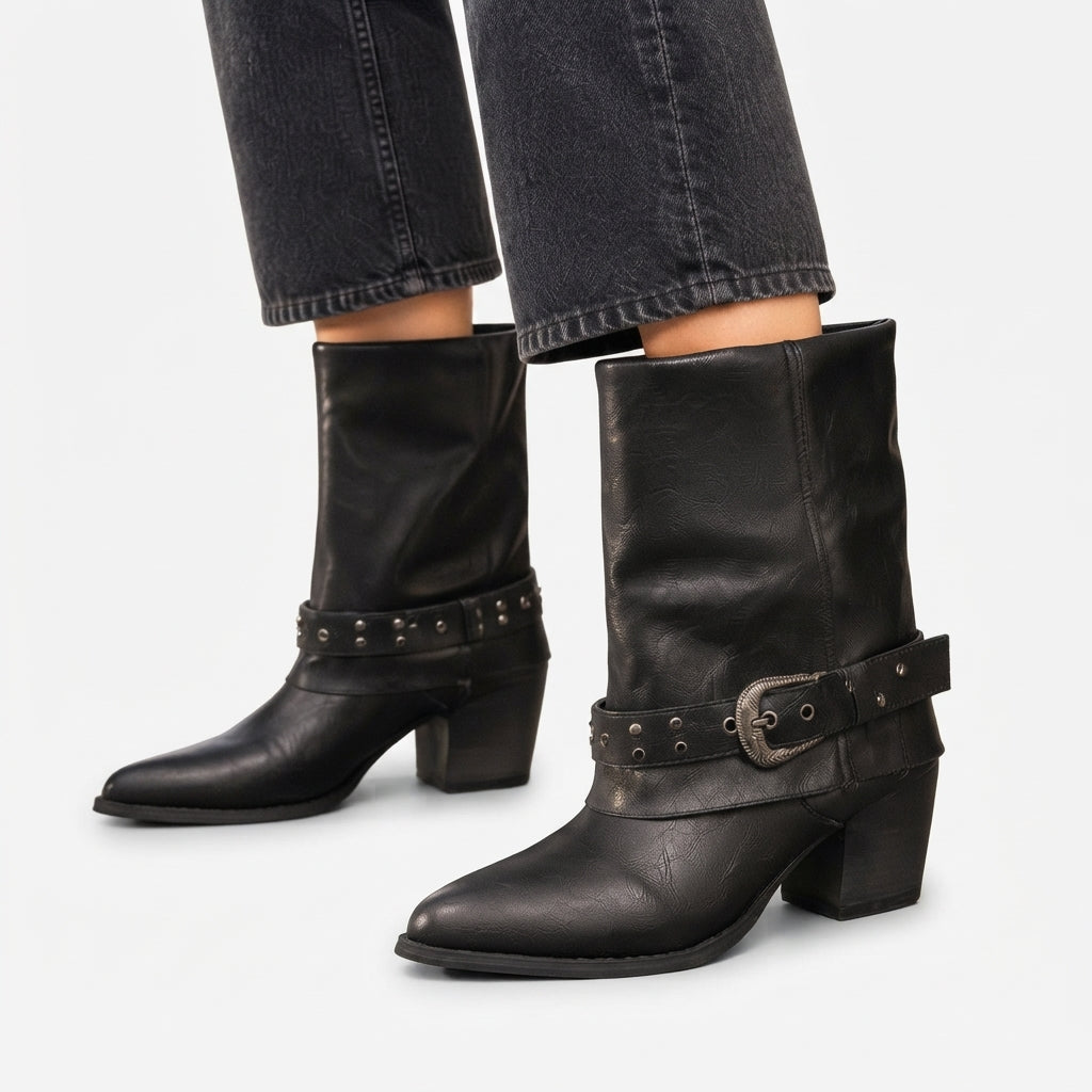Women's Slouch Western Boots with Studded Buckle, Pull-On