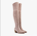Women's Suede-Effect Over the Knee Boots with Block Heel in Beige – view 2