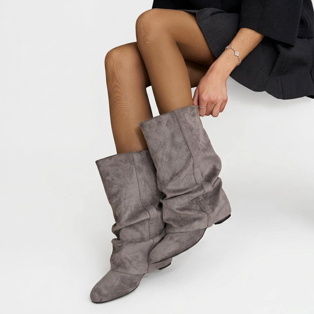 Women's Grey Suede Slouch Boots with Hidden Heel in Grey – view 4