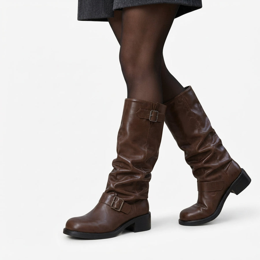 Bottes de motard souples pour femme jusqu'aux genoux avec double boucle