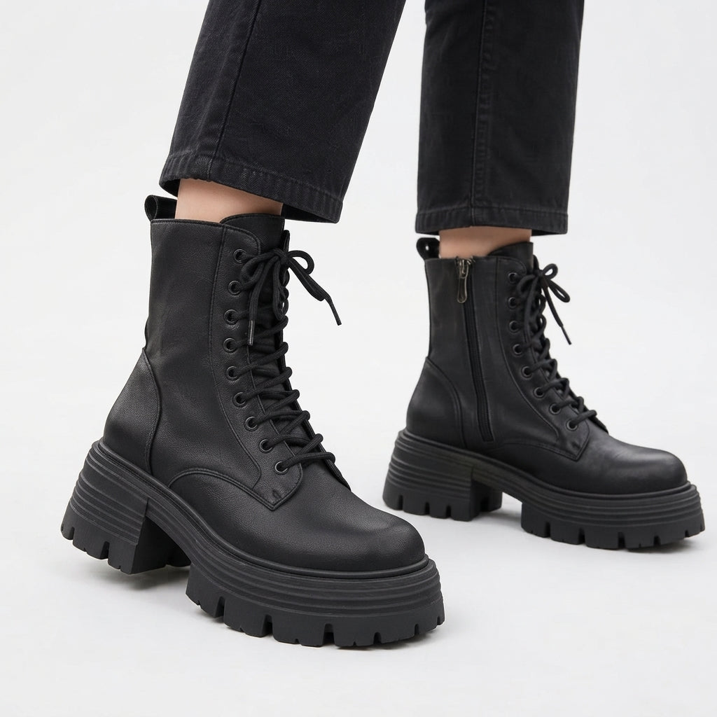 Women's Faux Leather Platform Combat Boots with Side Zip
