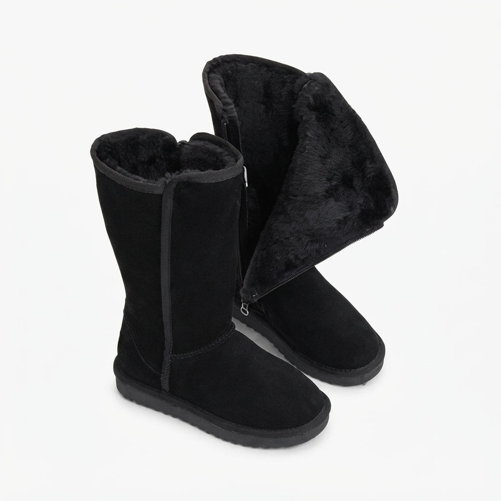 Women's Waterproof Suede Sheepskin-Lined Knee High Boots in Black – view 3
