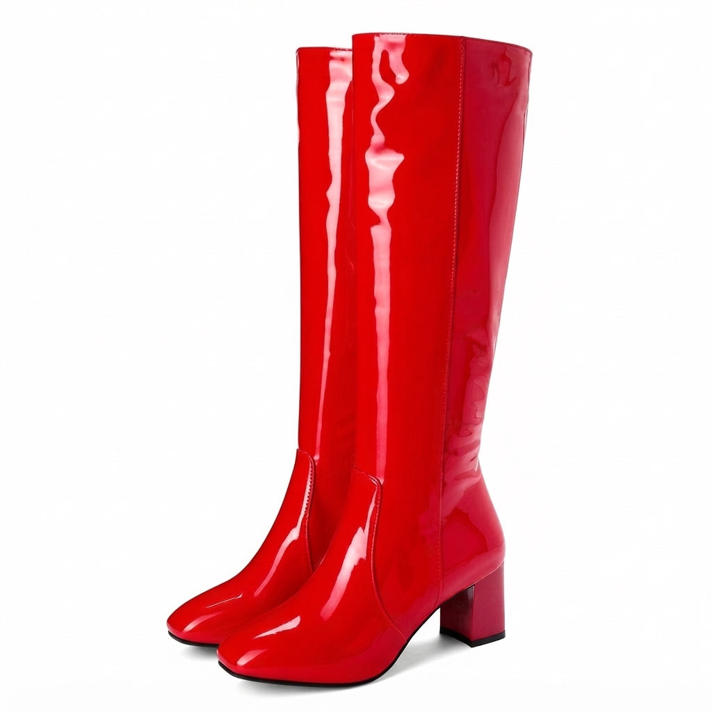 Women's Glossy Leather Block Heel Knee High Boots in Red – view 2