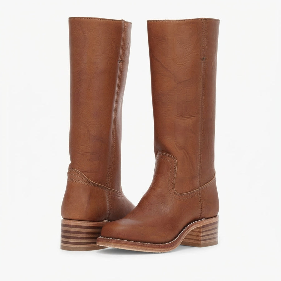 Women's Leather Knee High Boots with Low Block Heel — view 2